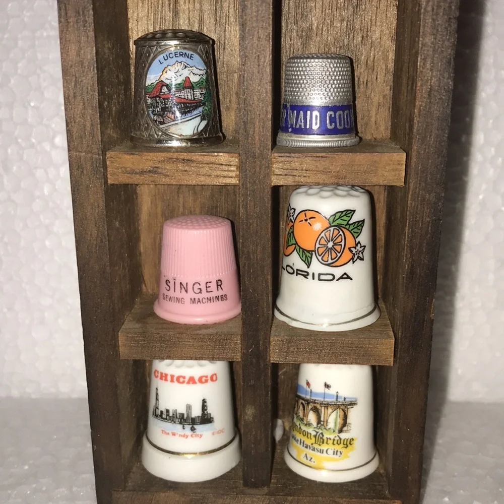 Wooden Thimble Display Case with Assorted Thimbles